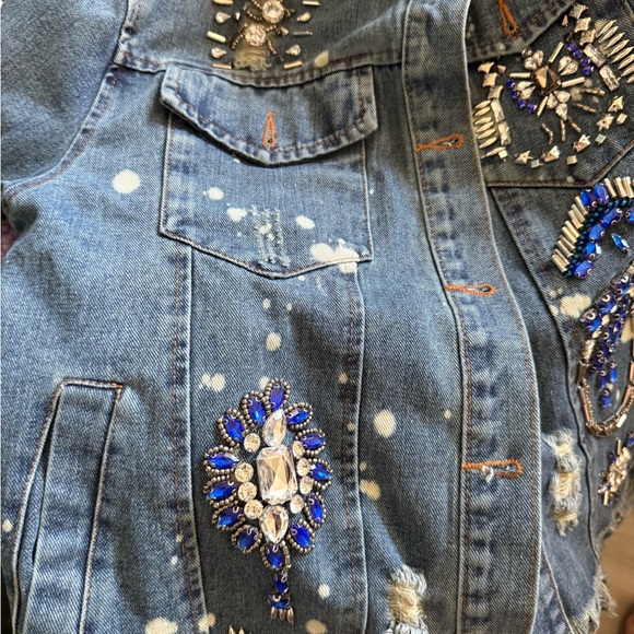 Embroidered Distressed Denim Jacket with Fringe with Swarovski Crystals - Picture 4 of 6